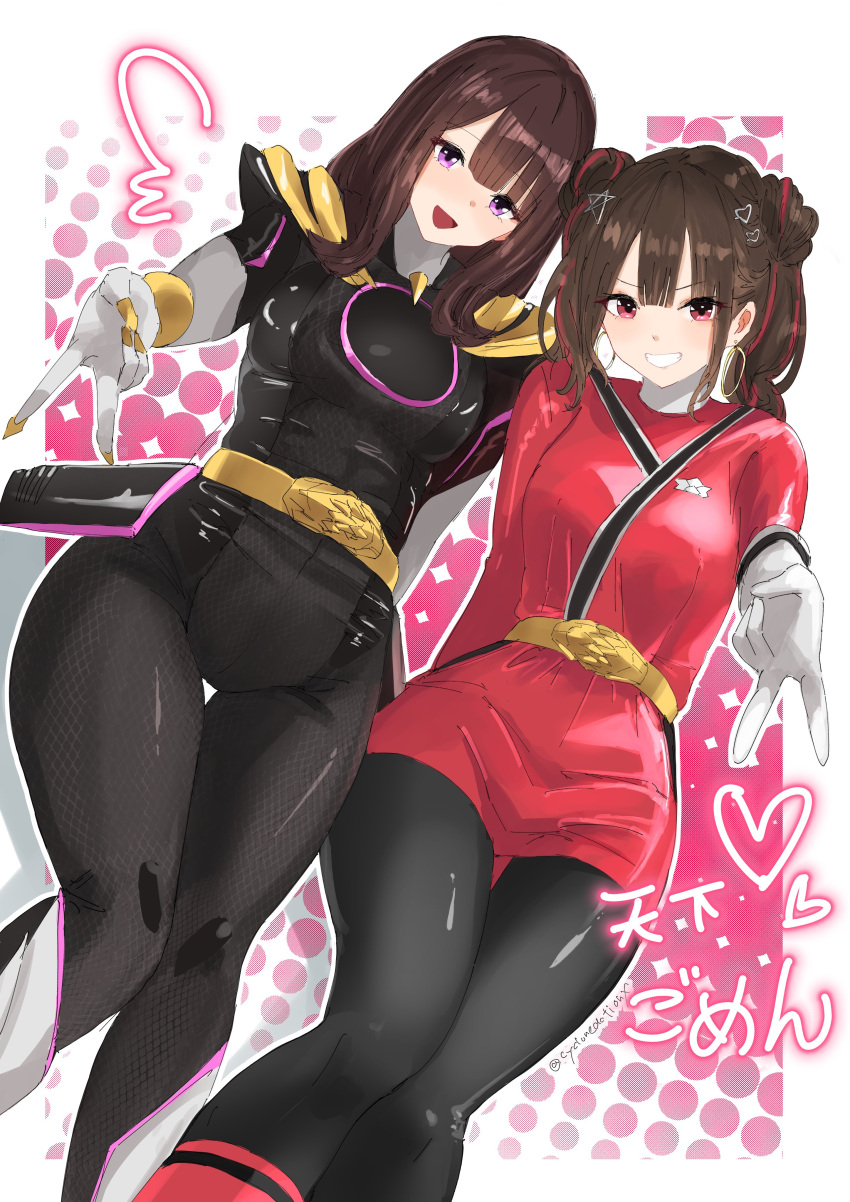 absurdres, black_bow, bodysuit, bow, breasts, brown_hair, cycloneactionx, double_bun