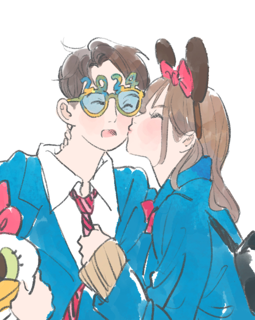 1boy, 1girl, 2024, backpack, bag, blazer, blue_jacket, bow