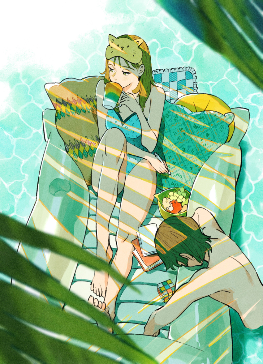 1boy, 1girl, absurdres, bare_arms, bare_legs, bare_shoulders, barefoot, blue_one-piece_swimsuit