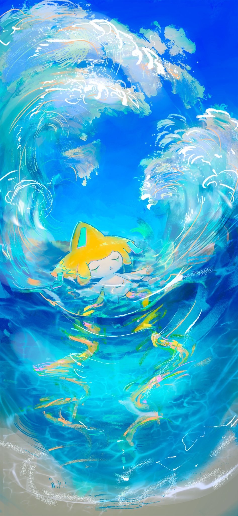 :o, closed_eyes, commentary_request, day, highres, jirachi, ocean, open_mouth