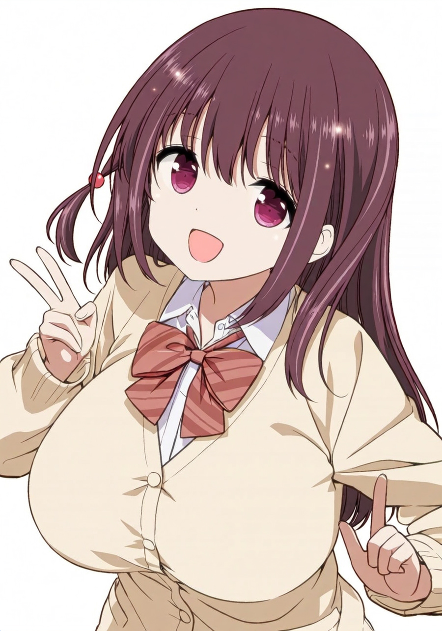 1girl, achiga_school_uniform, black_thighhighs, blazer, bow, bowtie, breasts, brown_cardigan