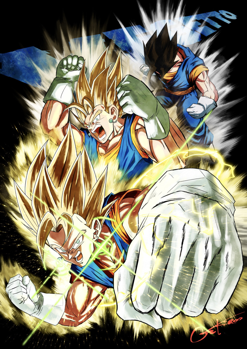 1boy, absurdres, artist_name, aura, black_background, black_hair, blonde_hair, blue_pants, blue_shirt, boots, character_name, commentary_request, dougi, dragon_ball, dragon_ball_z, earrings, gekiroo, gloves, green_eyes, highres, jewelry, looking_at_viewer, male_focus, medium_hair, multiple_views, open_mouth, orange_sash, orange_shirt, pants, potara_earrings, revision, shirt, simple_background, spiky_hair, super_saiyan, super_saiyan_1, teeth, transformation, vegetto, white_boots, white_gloves