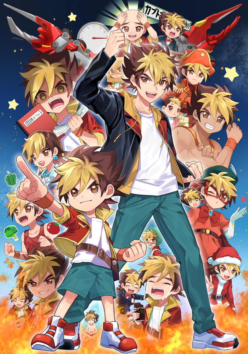 1boy, absurdres, aged_up, amanogawa_ryuusei, aqua_pants, aqua_shorts, arm_up, arms_up