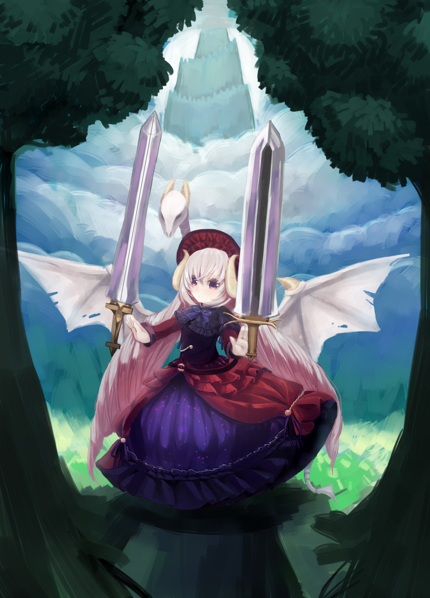 1girl, absurdres, black_dress, demon_girl, demon_horns, demon_wings, dress, drill_hair