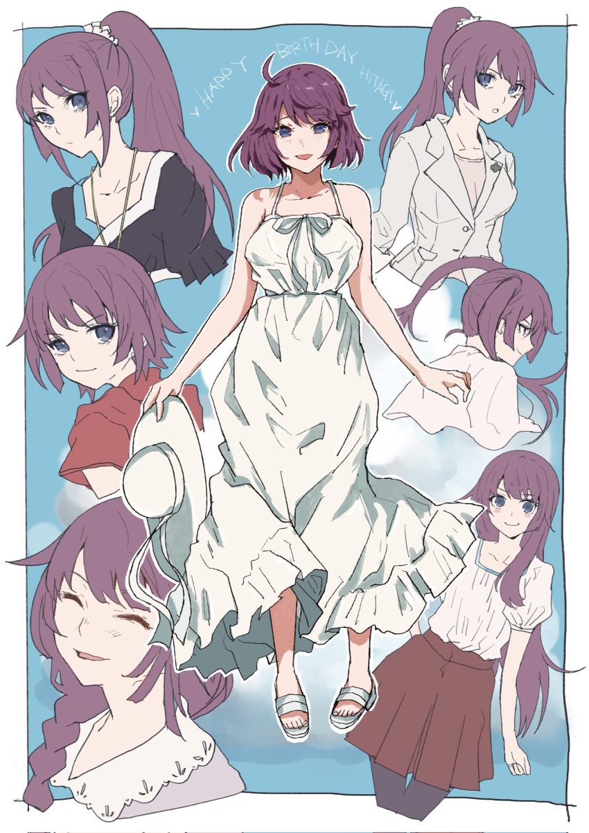 1girl, bakemonogatari, blue_background, blue_eyes, border, braid, braided_ponytail, closed_eyes