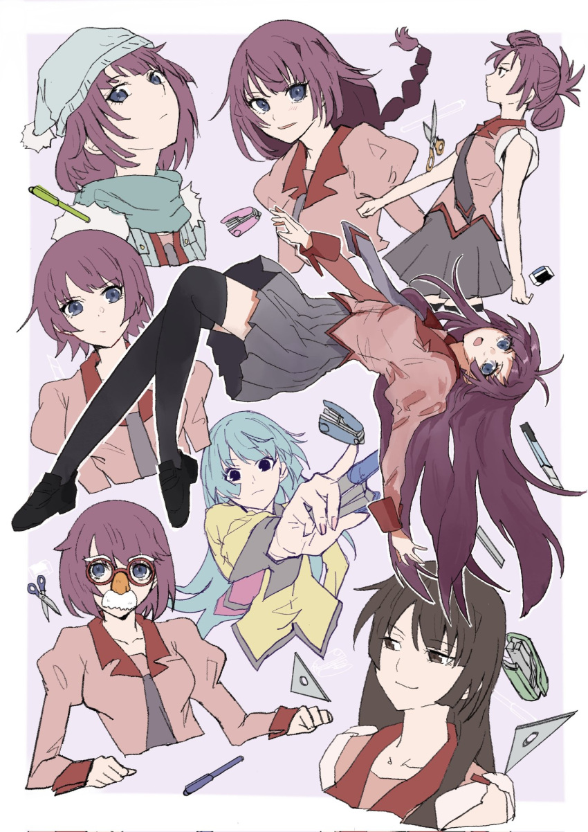 1girl, bakemonogatari, beanie, black_shoes, black_thighhighs, border, boxcutter, braid