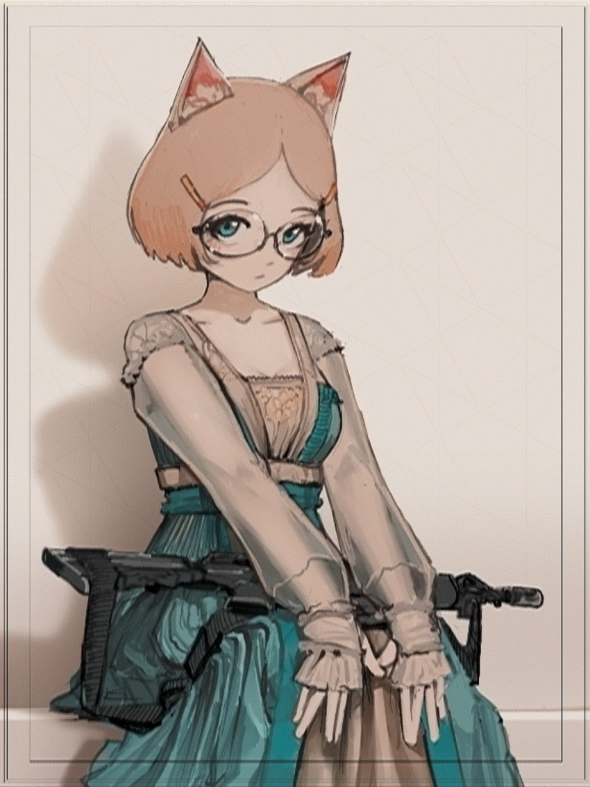 1girl, absurdres, animal_ears, aqua_eyes, blue_dress, border, breasts, cat_ears