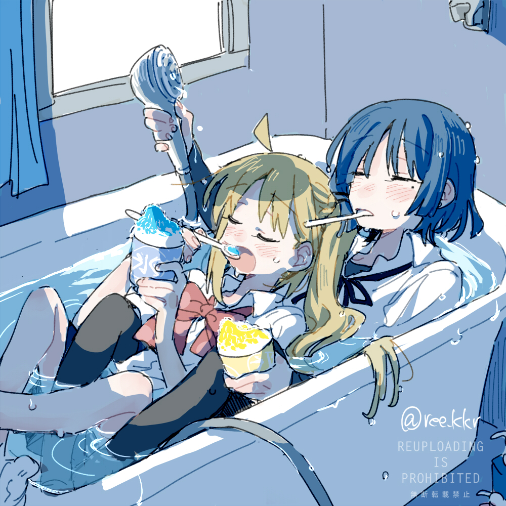 2girls, ahoge, black_pantyhose, black_ribbon, blonde_hair, blue_hair, bocchi_the_rock!, bow, bowtie, closed_eyes, eating, english_text, food, holding, holding_food, holding_shaved_ice, holding_shower_head, holding_spoon, ice_cream_spoon, ijichi_nijika, in_bathtub, long_hair, mole, mole_under_eye, multiple_girls, neck_ribbon, open_mouth, pantyhose, polka_dot_bowtie, red_bow, red_bowtie, ree_(re-19), ribbon, shirt, shower_head, spoon, twitter_username, utensil_in_mouth, watermark, wet, wet_clothes, white_shirt, yamada_ryo