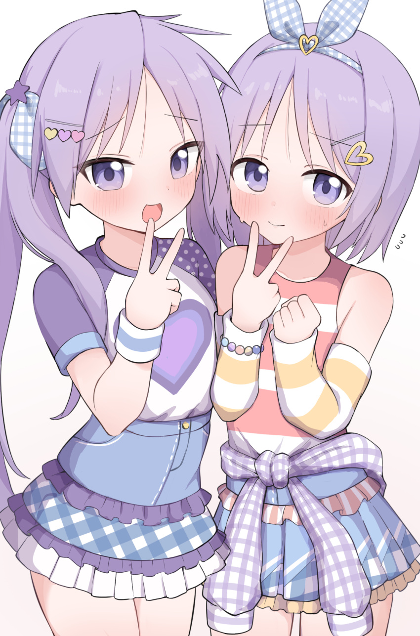2girls, :d, bead_bracelet, beads, blue_skirt, bracelet, checkered_clothes, checkered_jacket