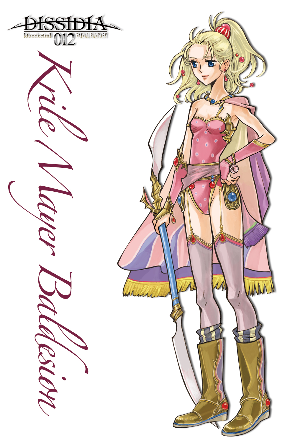 blonde_hair, blue_eyes, boots, bridal_gauntlets, cape, character_name, dissidia_012_final_fantasy, dissidia_duodecim_final_fantasy, dissidia_final_fantasy, fantasy, final_fantasy, final_fantasy_v, gloves, hair_ornament, hairpin, hand_on_hip, highres, hips, krile_mayer_baldesion, leotard, long_hair, meke, parody, ponytail, purple_legwear, solo, style_parody, thigh-highs, thigh_strap, thighhighs, weapon
