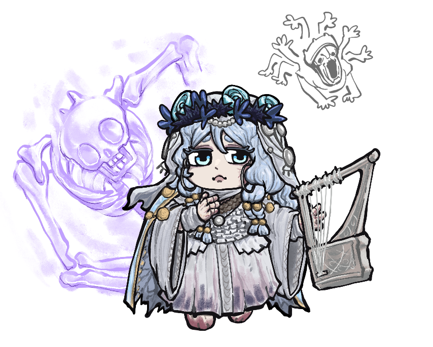 1girl, blue_cape, blue_eyes, blue_hair, braid, cape, chibi, colored_eyelashes, cracked_skin, doll_joints, dress, elden_ring, elden_ring_nightreign, flower_wreath, head_wreath, holding, holding_instrument, holding_lyre, instrument, jewelry, joints, low_twin_braids, lyre, pikminpreggedup, revenant_(elden_ring), royal_revenant_(elden_ring), skeleton, spirit, twin_braids, veil, white_background, white_dress, white_eyelashes, white_veil, wide_sleeves