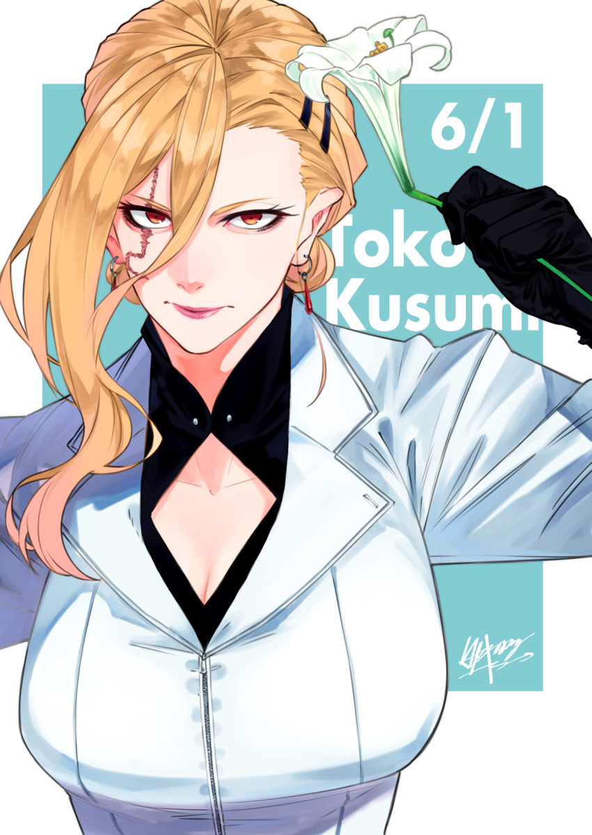 1girl, black_gloves, black_torch_(takaki_tsuyoshi), blonde_hair, breasts, cleavage_cutout, clothing_cutout, earrings