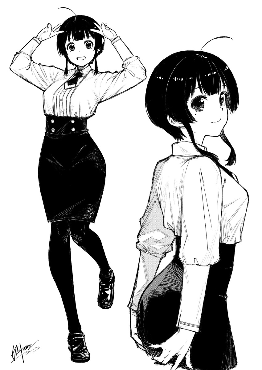 ahegao, black_eyes, black_hair, black_pantyhose, black_skirt, black_torch_(takaki_tsuyoshi), breasts, dress_shirt, dress_shoes, full_body, grabbing_own_ass, high-waist_skirt, highres, looking_at_viewer, necktie, pantyhose, pencil_skirt, shirt, short_hair, signature, simple_background, skirt, smile, takaki_tsuyoshi, text_background, usami_hana, white_shirt