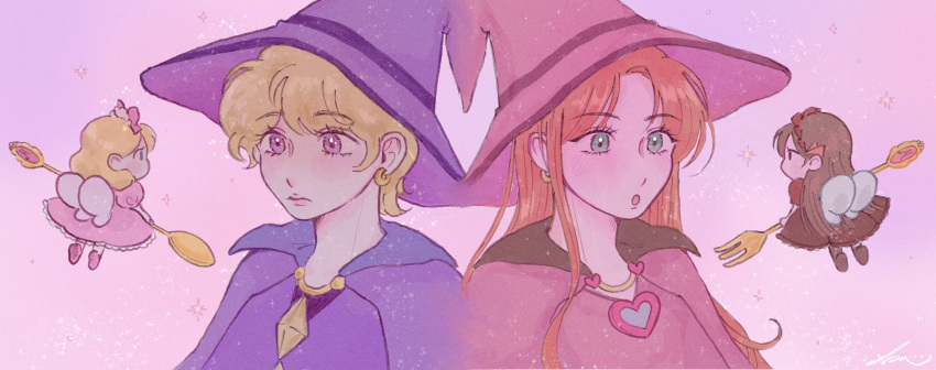 4girls, blonde_hair, brown_hair, cape, chocolat_(yumeiro), chocolat_meilleure, earrings, eye_contact