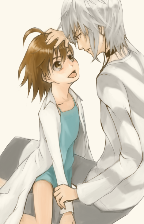 ahoge, albino, bad_id, brown_eyes, brown_hair, choker, dress, eye_contact