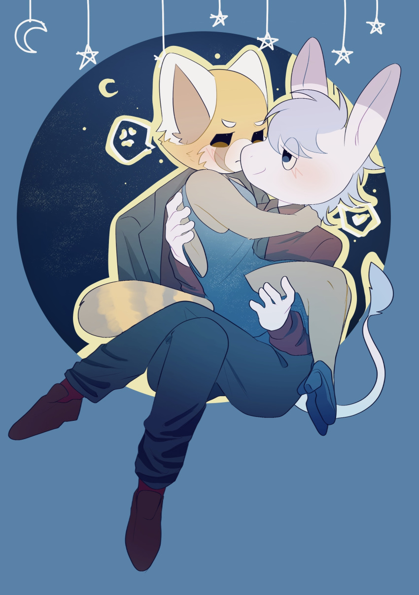 1boy, 1girl, absurdres, aggressive_retsuko, amituoquian, black_shoes, blue_background, blue_dress, blue_eyes, blush, carrying, crossed_legs, dress, eye_contact, furry, furry_female, furry_male, hetero, high_heels, highres, looking_at_another, princess_carry, red_panda, retsuko, shoes, smile, suit, tadano_(aggretsuko), tail