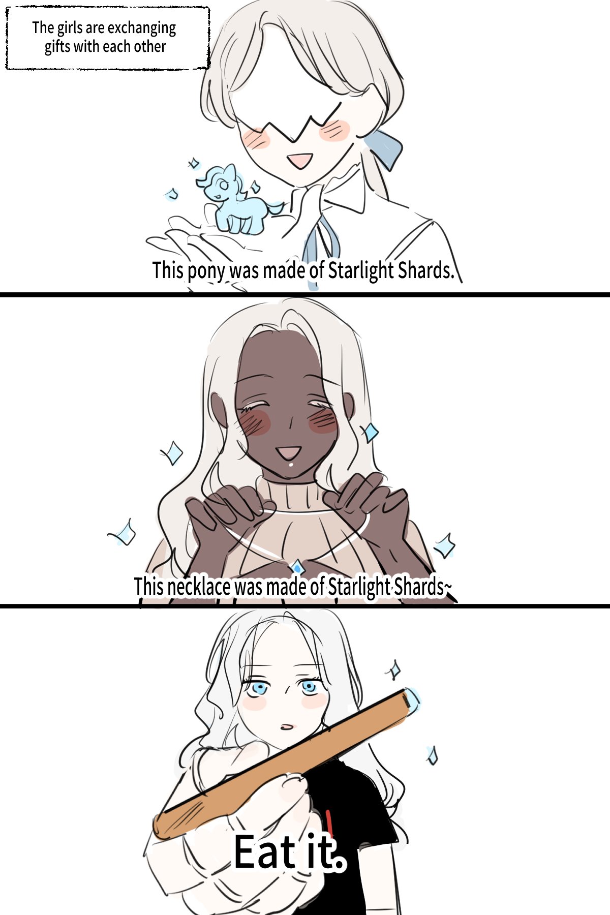 3girls, ascot, blindfold, blonde_hair, blush, breasts, dark_skin, duchess_(elden_ring)