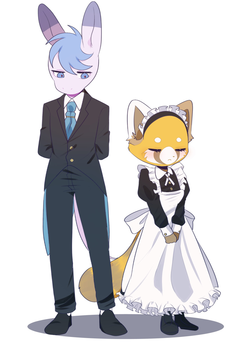 1boy, 1girl, absurdres, aggressive_retsuko, amituoquian, apron, artist_request, black_dress, black_shoes, black_suit, blue_eyes, blue_hair, blue_necktie, check_artist, closed_eyes, dress, furry, furry_female, furry_male, highres, long_sleeves, maid, maid_apron, necktie, retsuko, shoes, simple_background, standing, suit, tadano_(aggretsuko), tailcoat, white_apron, white_background