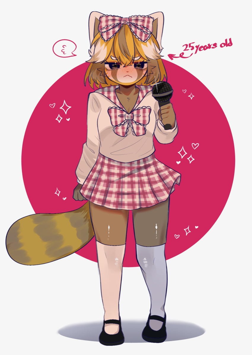 1girl, aggressive_retsuko, amituoquian, artist_request, asymmetrical_legwear, black_shoes, blush, bow, check_artist, english_text, frown, full_body, furry, furry_female, hair_bow, highres, holding, holding_microphone, looking_at_viewer, mary_janes, medium_hair, microphone, mismatched_legwear, pink_background, plaid_bow, plaid_clothes, plaid_skirt, retsuko, shoes, skirt, speech_bubble, stading, tali