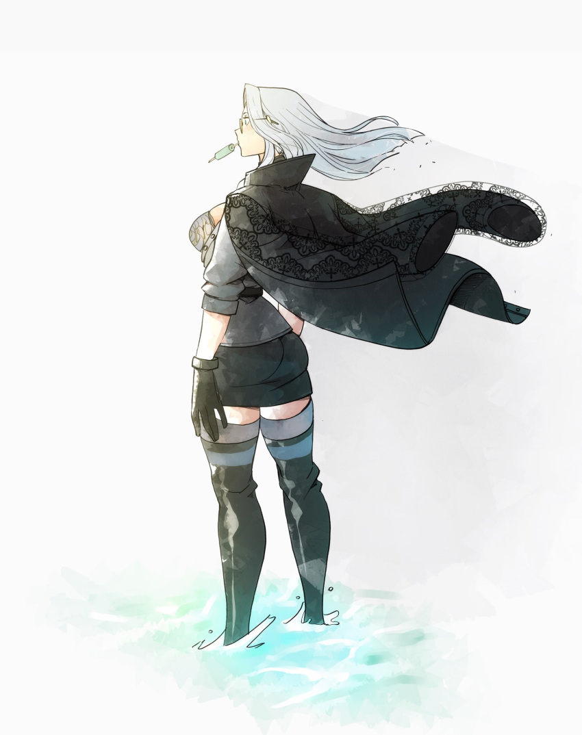 1girl, black_boots, black_gloves, black_jacket, black_skirt, boots, breasts, commission