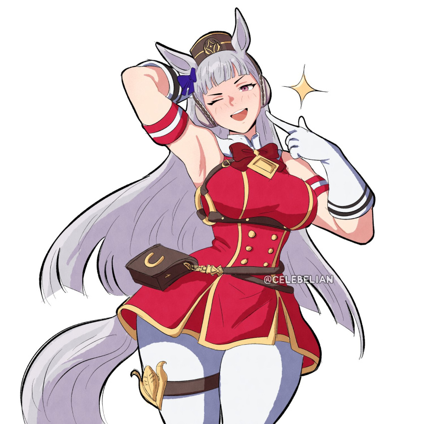 animal_ears, armband, belt_pouch, blunt_bangs, bow, brown_hat, celebelian, cowboy_shot