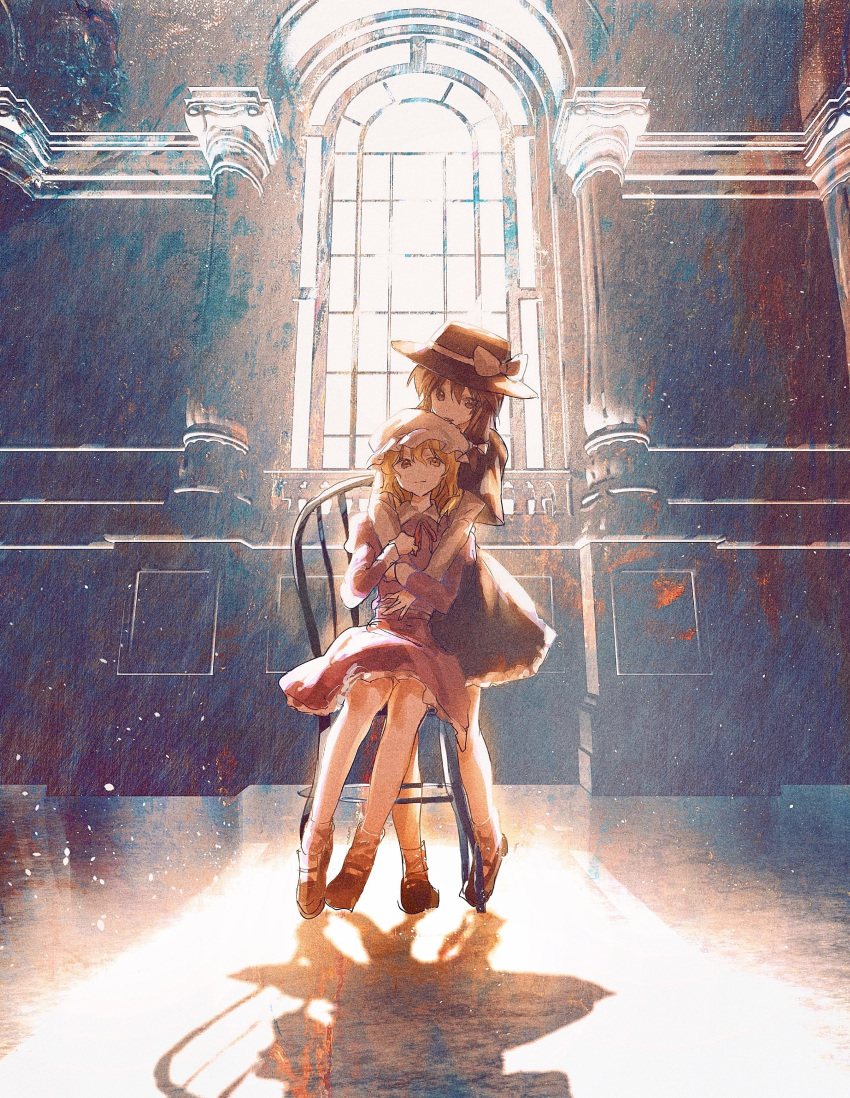 2girls, absurdres, black_capelet, black_shoes, black_skirt, blonde_hair, brown_hair, capelet, chair, circle_yomado, dress, full_body, hand_on_another's_arm, hat, highres, hug, hug_from_behind, long_sleeves, maribel_hearn, medium_hair, mob_cap, multiple_girls, on_chair, purple_dress, shadow, shirt, shoes, sitting, skirt, smile, socks, sunlight, touhou, usami_renko, white_shirt, white_socks, window