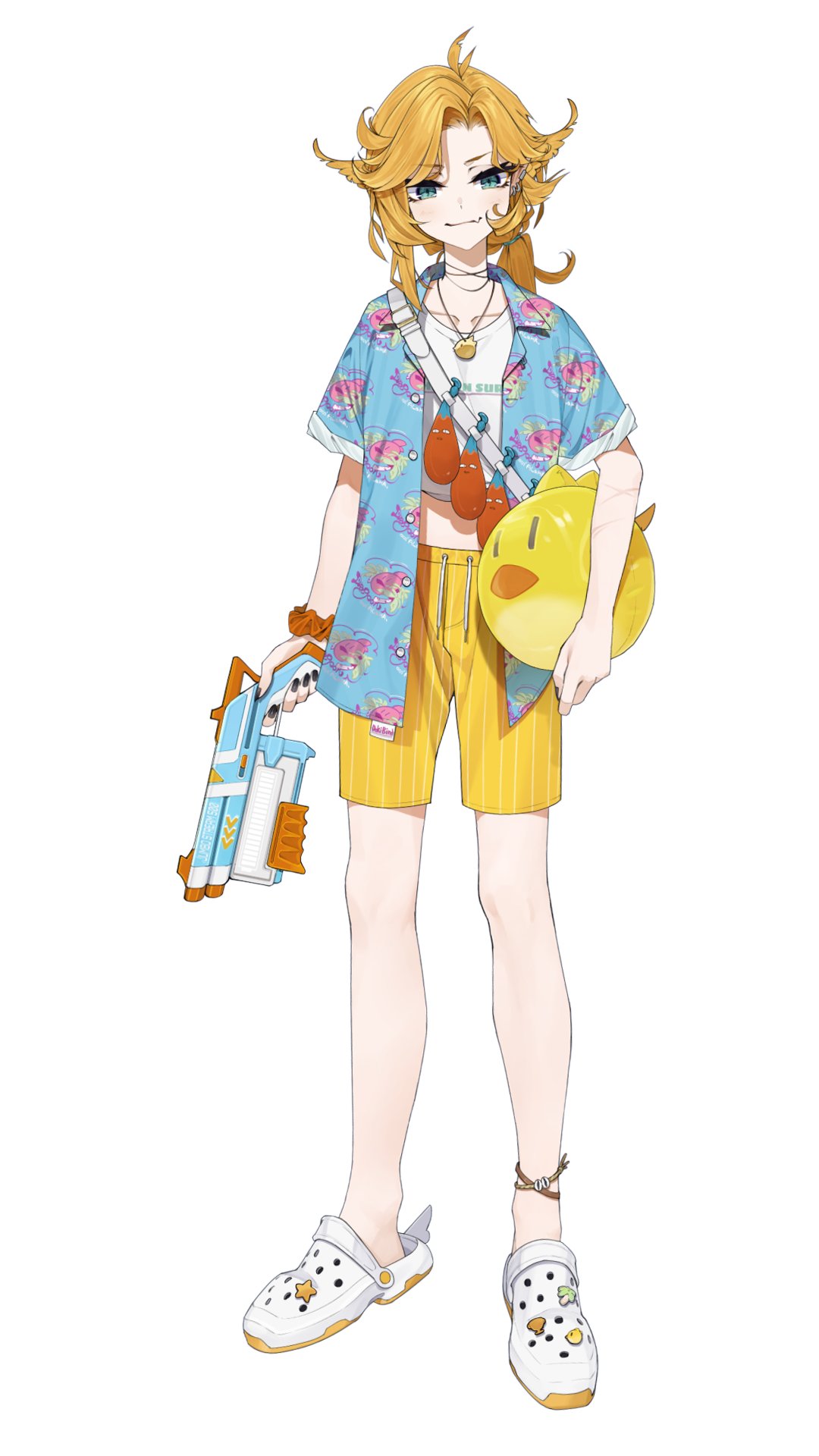 1girl, :3, bandolier, belt, blonde_hair, commentary, crocs, crop_top, dokibird_(vtuber), dokibird_(vtuber)_(summer), english_commentary, feather_hair, flipped_hair, green_eyes, hawaiian_shirt, highres, holding, holding_water_gun, indie_virtual_youtuber, jewelry, kamameshi_gougoumaru, looking_at_viewer, necklace, official_art, ponytail, sandals, scar, scar_on_arm, scrunchie, second-party_source, shirt, shorts, smile, solo, striped_clothes, striped_shorts, vertical-striped_clothes, vertical-striped_shorts, virtual_youtuber, water_balloon, water_gun, white_sandals, white_shirt, wrist_scrunchie, yellow_shorts