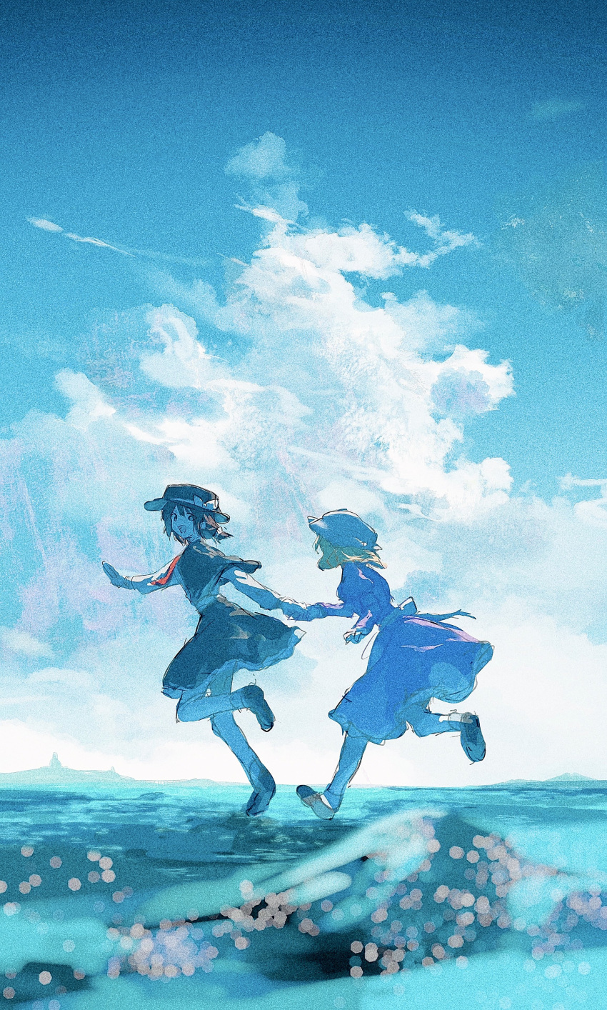 2girls, absurdres, black_capelet, black_shoes, black_skirt, blonde_hair, blue_sky, brown_hair