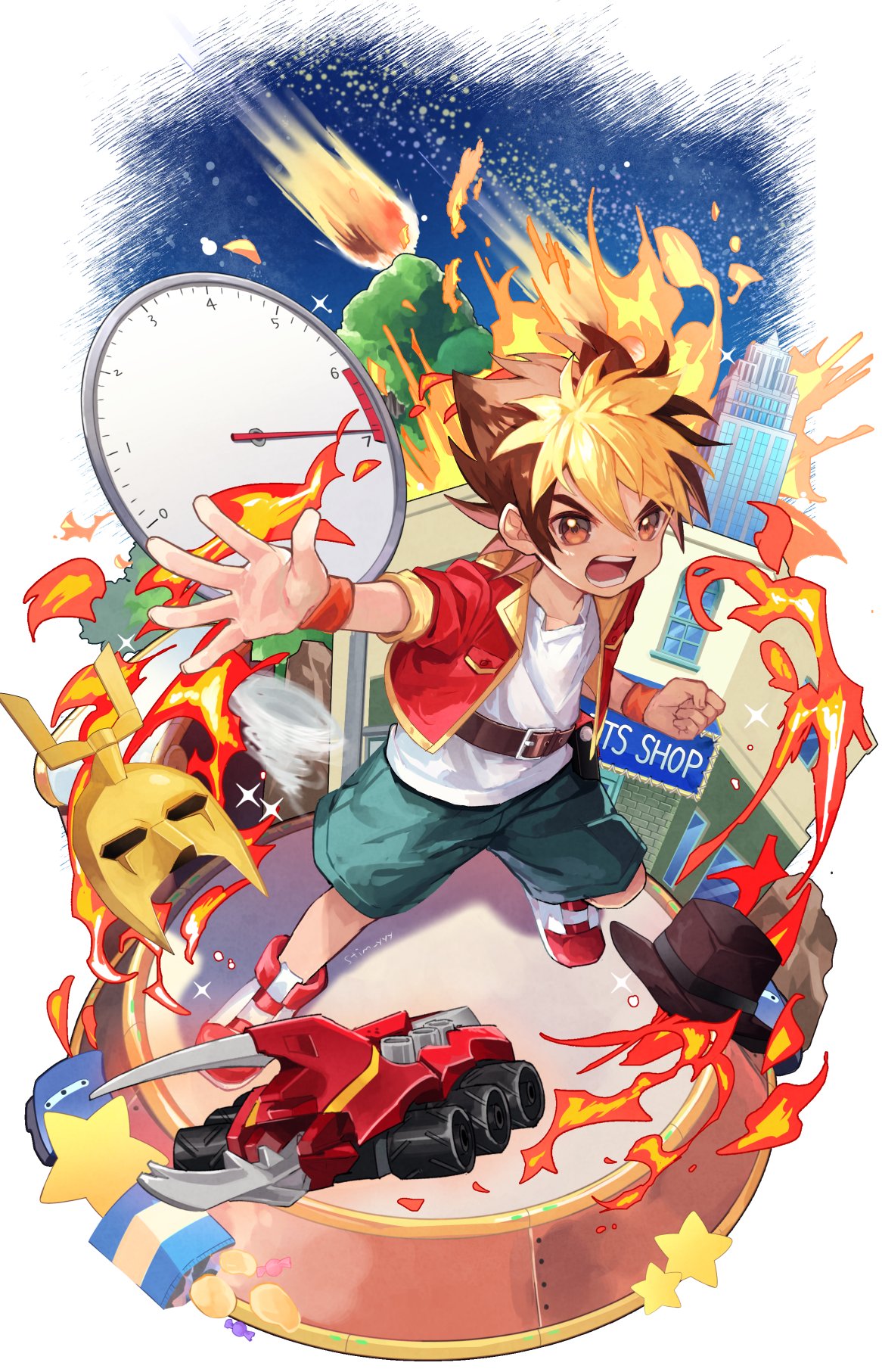 1boy, amanogawa_ryuusei, artist_name, bag_of_chips, belt, belt_buckle, belt_pouch, blonde_hair