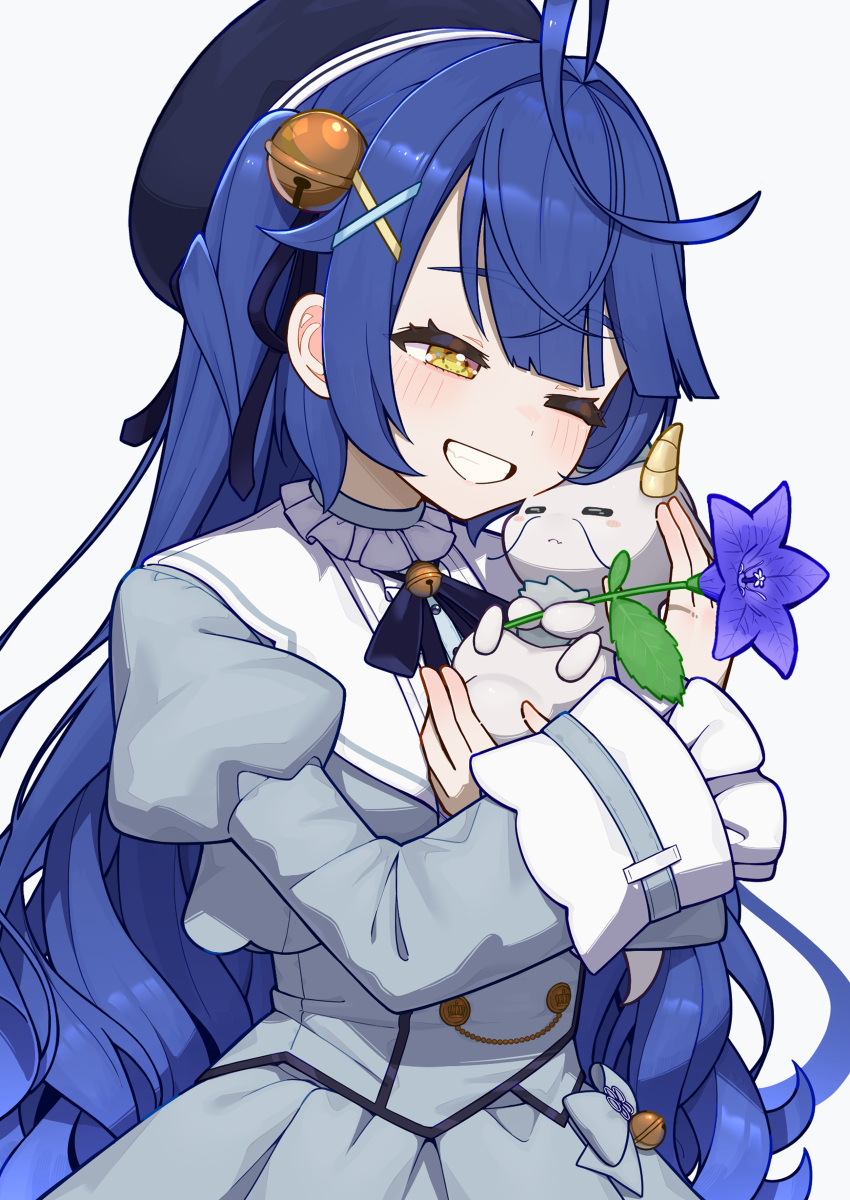 1girl, absurdres, ahoge, amamiya_kokoro, bell, blue_hair, blush, commentary_request