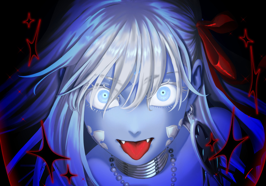 1girl, absurdres, bare_shoulders, blue_eyes, blue_skin, choker, close-up, colored_skin, earrings, fate/grand_order, fate_(series), hair_ribbon, head_only, highres, indian_clothes, jewelry, kali_(fate), large_earrings, long_hair, looking_at_viewer, lotus_petals, necklace, open_mouth, ribbon, silver_choker, solo, third_eye, tongue, tongue_out, user_htsm3375, white_hair
