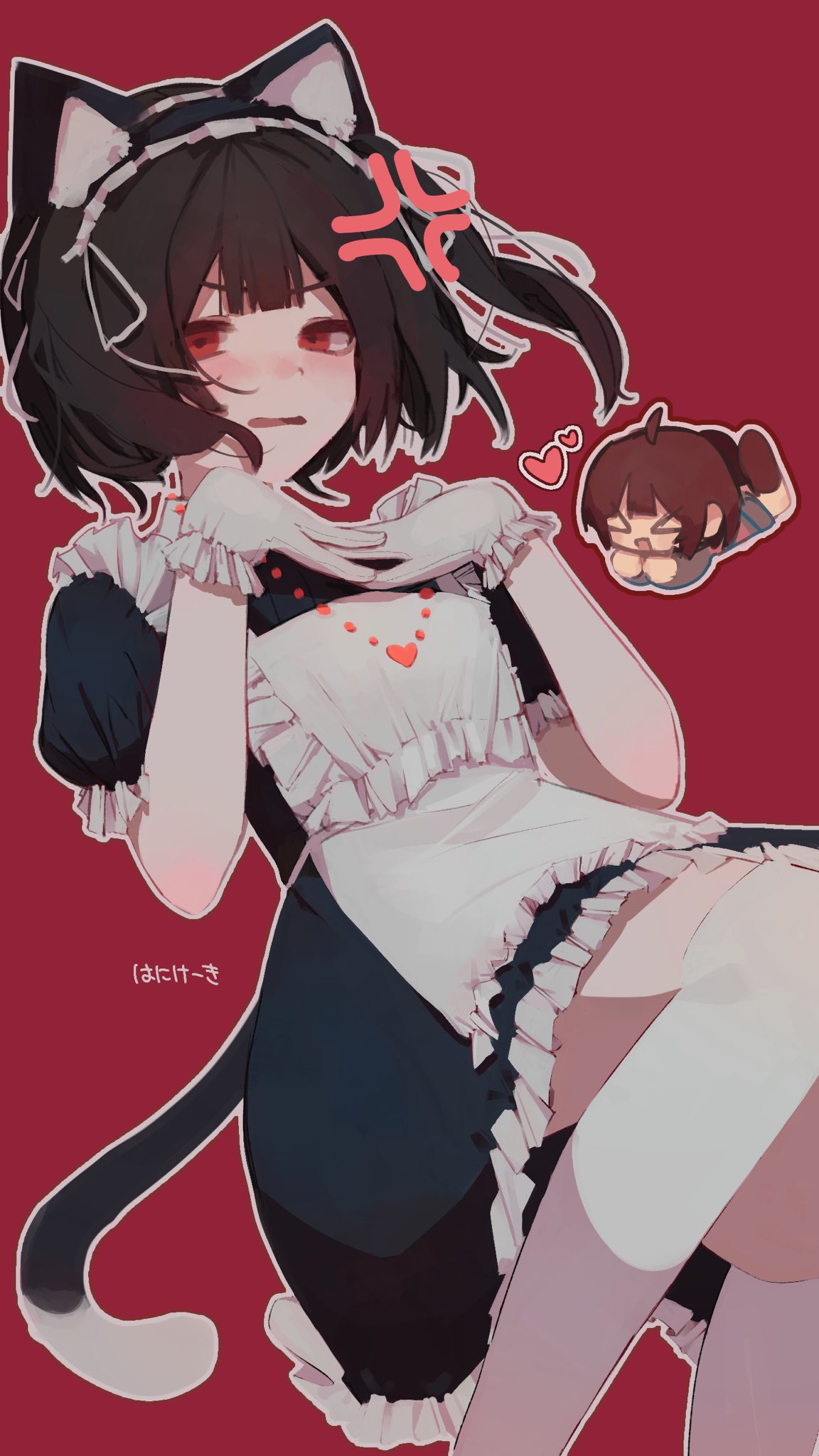 >_<, 2others, alternate_costume, anger_vein, animal_ear_hairband, animal_ears, annoyed, apron