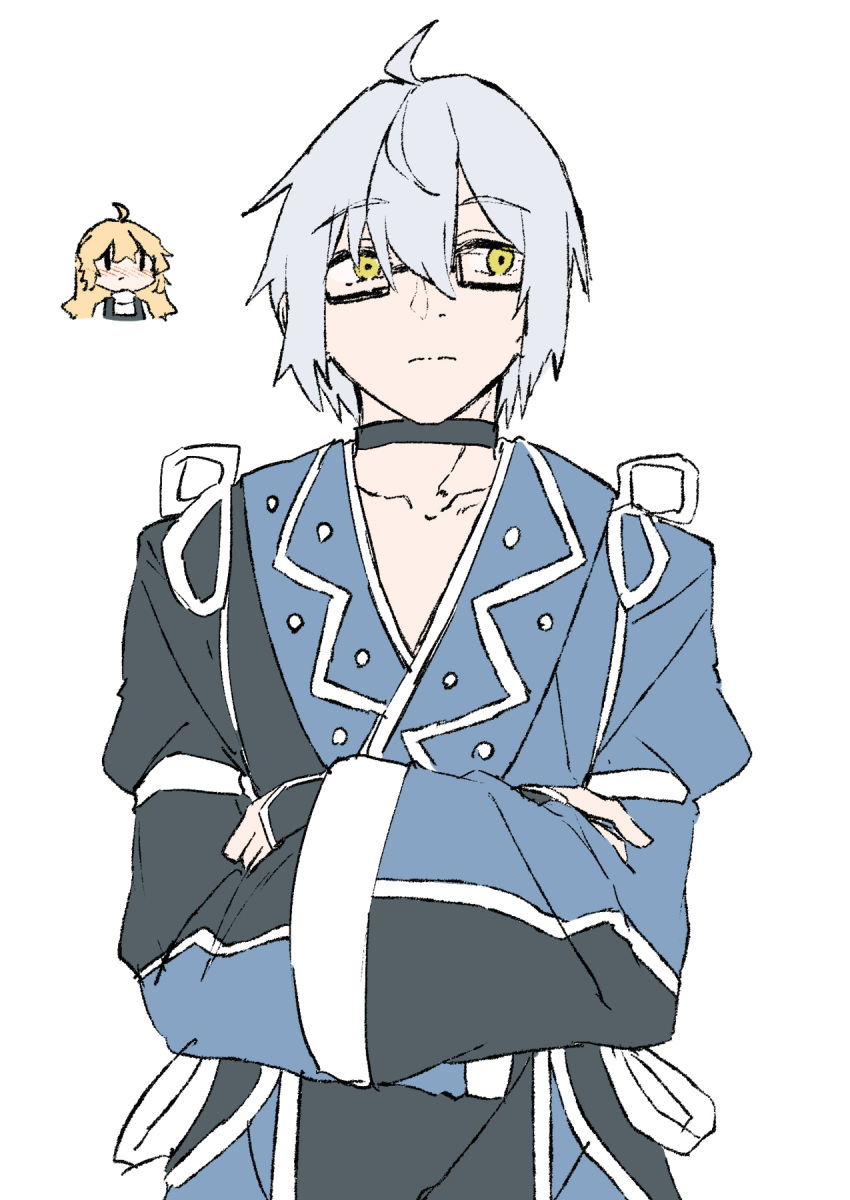 1boy, 1girl, ahoge, black_choker, black_vest, blonde_hair, blush, choker, closed_mouth, collarbone, commentary, crossed_arms, deetamu, expressionless, glasses, grey_hair, highres, japanese_clothes, kirisame_marisa, long_sleeves, morichika_rinnosuke, no_headwear, simple_background, solo_focus, touhou, vest, white_background, wide_sleeves, yellow_eyes