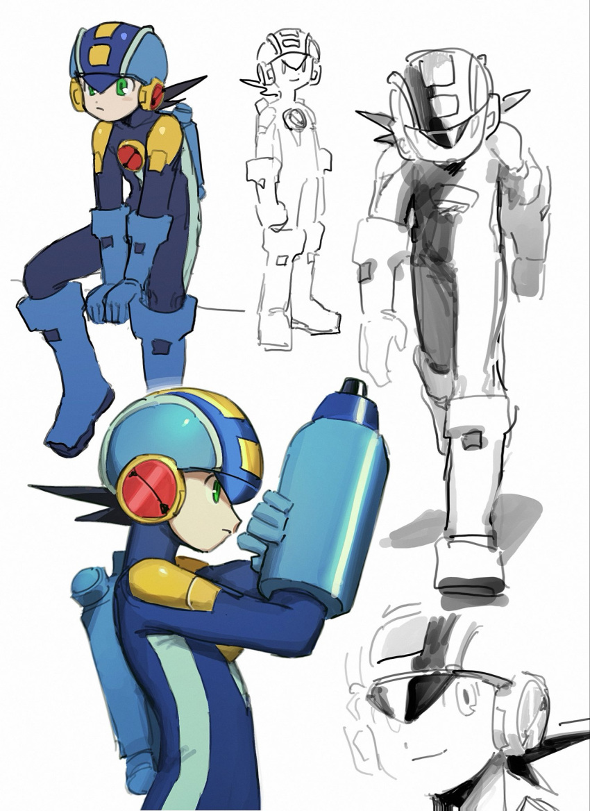 1boy, arm_cannon, blue_bodysuit, blue_helmet, bodysuit, full_body, green_eyes, helmet