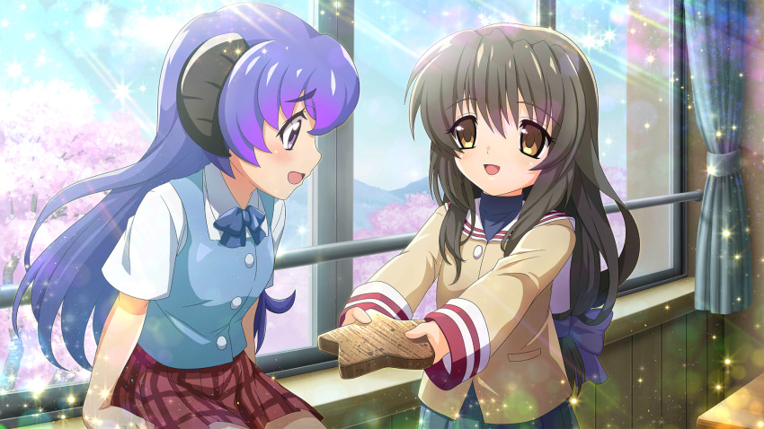 2girls, artist_request, blue_ribbon, blue_shirt, blue_skirt, brown_eyes, brown_hair, brown_jacket