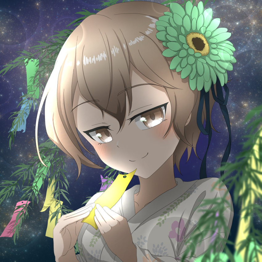 1girl, akagi_yutaka, black_ribbon, blurry, blurry_foreground, blush, brown_eyes, brown_hair