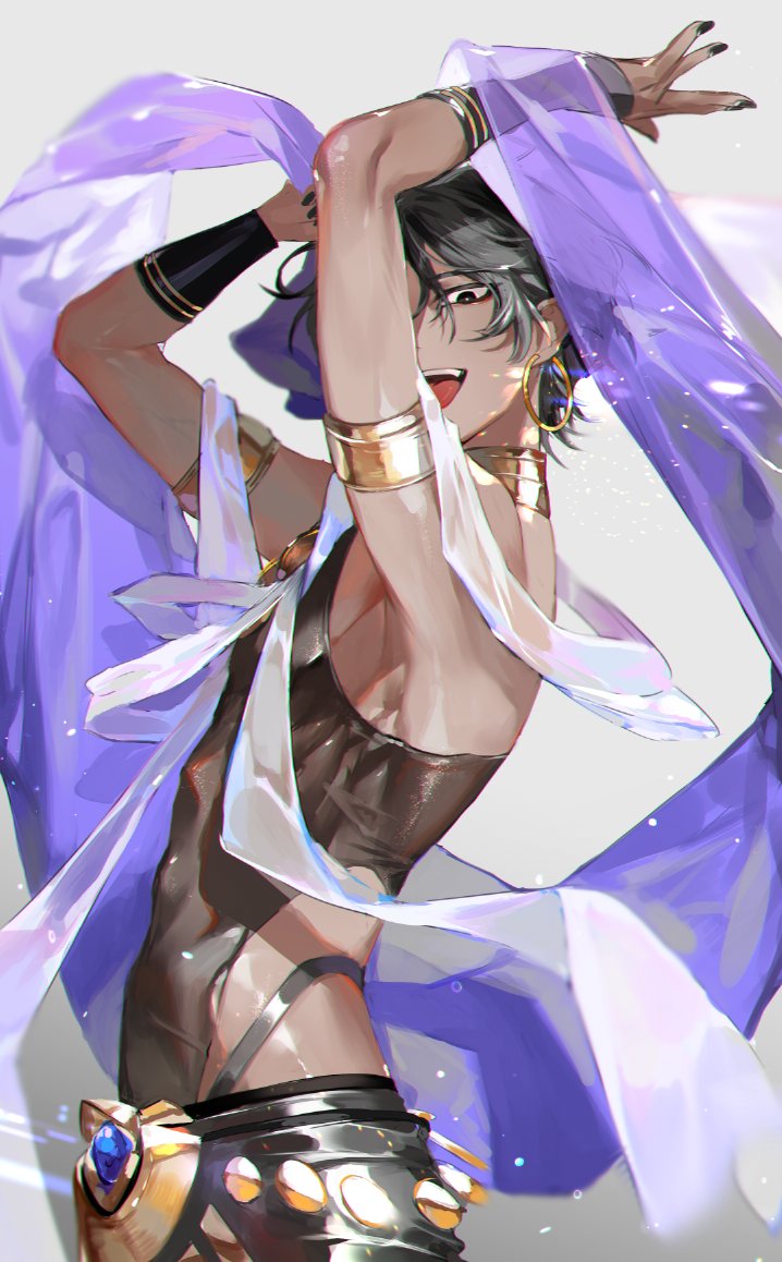 1boy, arjuna_(fate), arjuna_(fgo_fes._2025)_(fate), arms_up, black_eyes, black_hair, dancer, dark-skinned_male