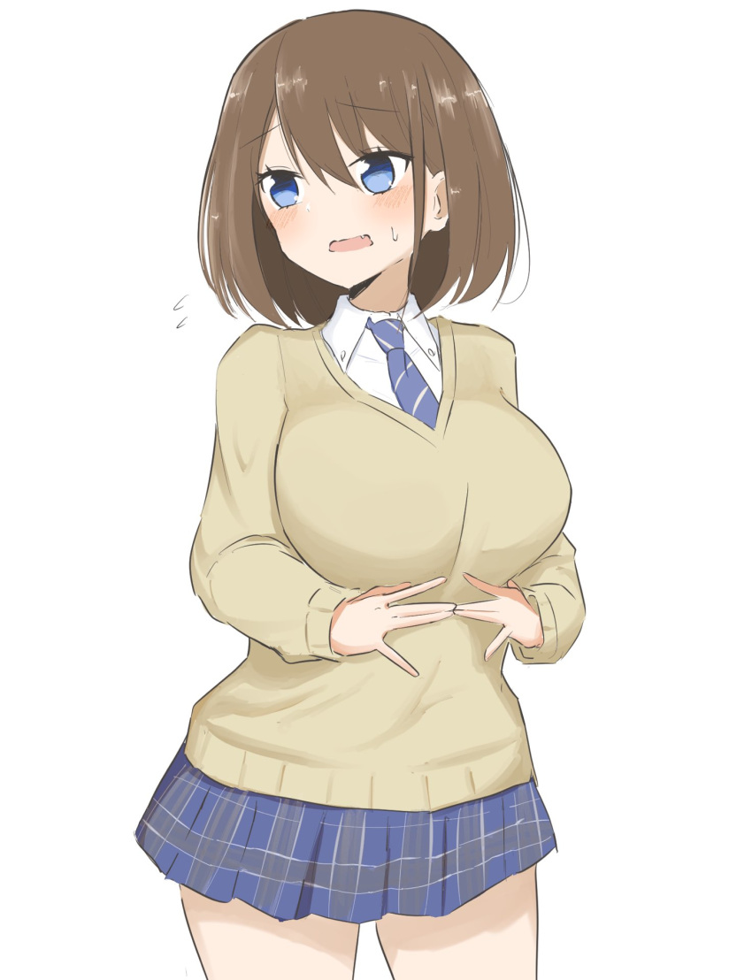 1girl, blue_eyes, blue_necktie, blue_skirt, blush, breasts, brown_hair, brown_sweater