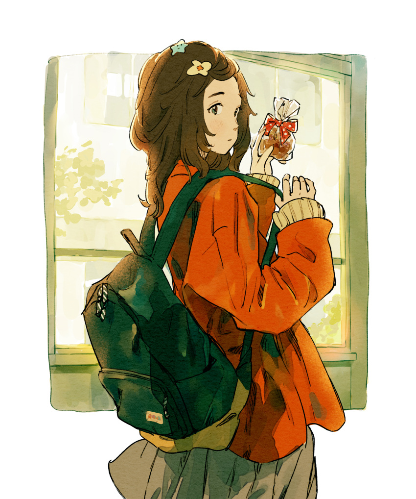 1girl, backpack, bag, black_eyes, brown_hair, chocolate, cowboy_shot, day
