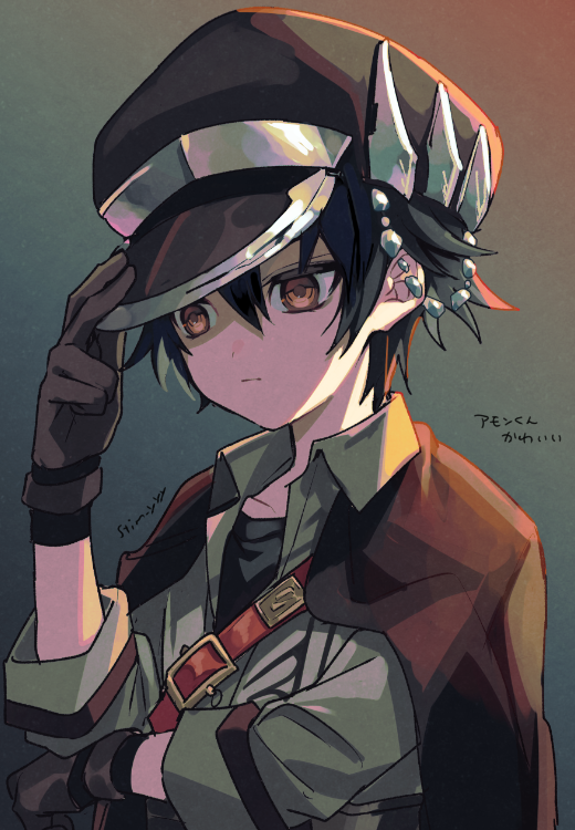 1boy, adjusting_clothes, adjusting_headwear, amon_(megido72), artist_name, bag, black_cape, black_gloves