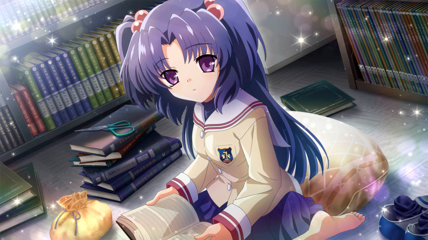 1girl, artist_request, bag, blue_hair, blue_skirt, book, bookshelf, brown_jacket