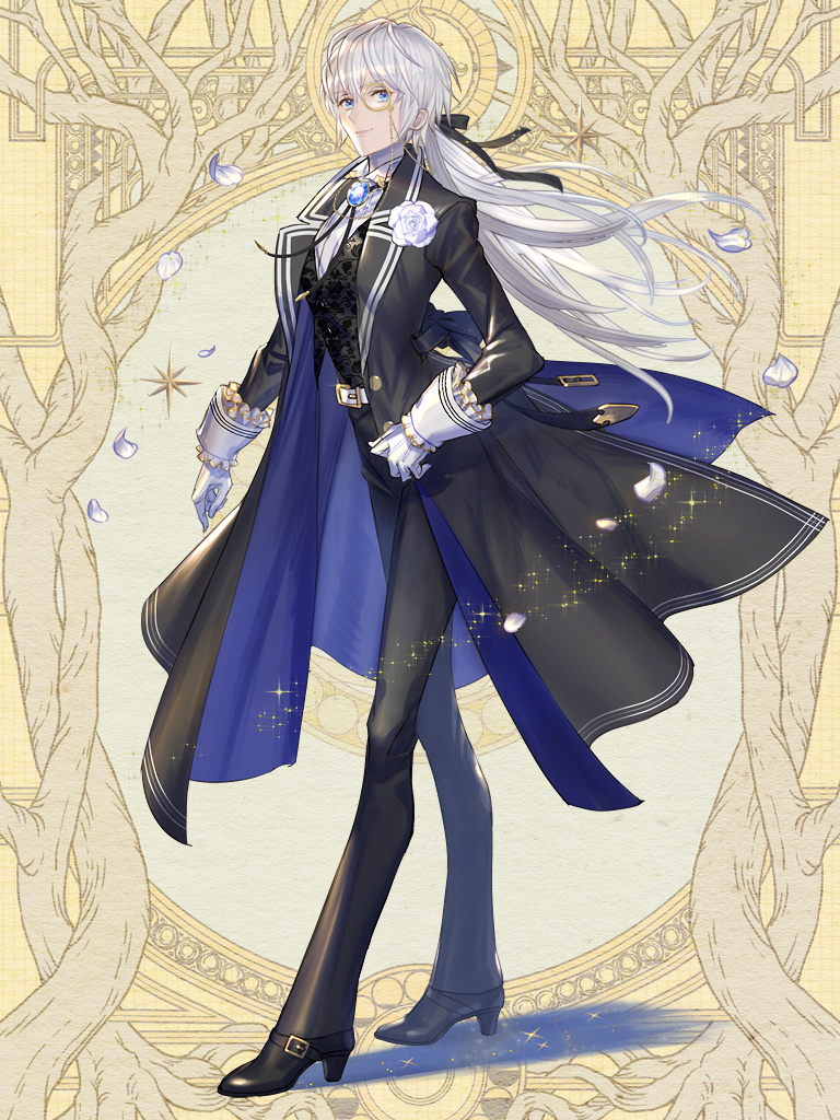 1boy, arched_back, belt, belt_buckle, black_coat, black_pants, black_ribbon, black_shoes