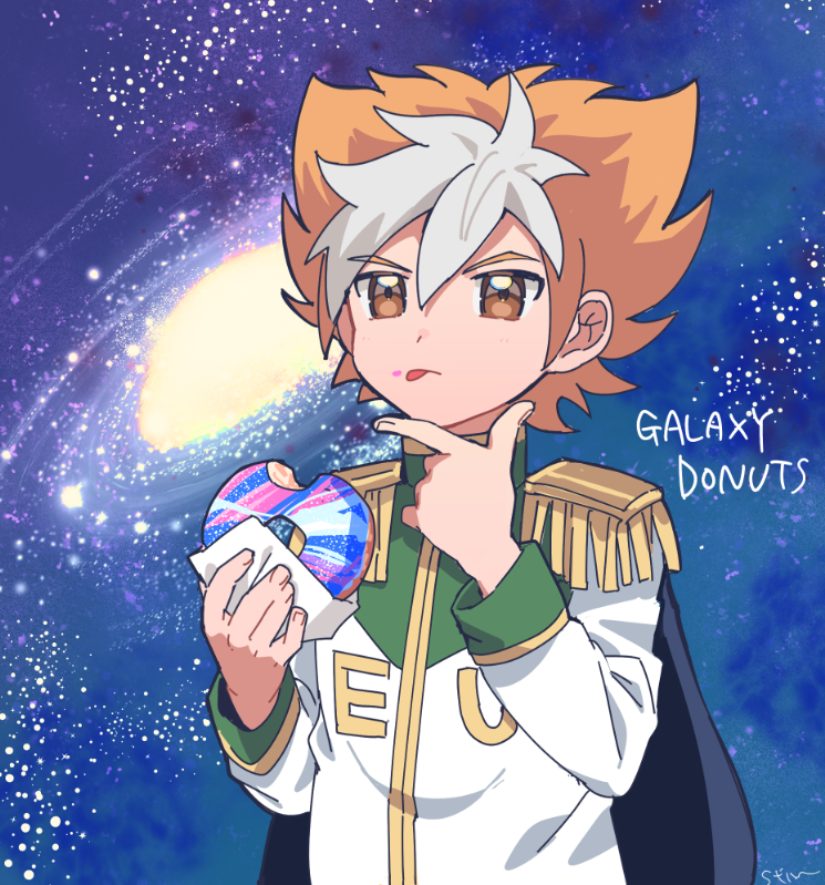 1boy, :p, amanogawa_ginga, brown_eyes, brown_hair, commentary, doughnut, english_text