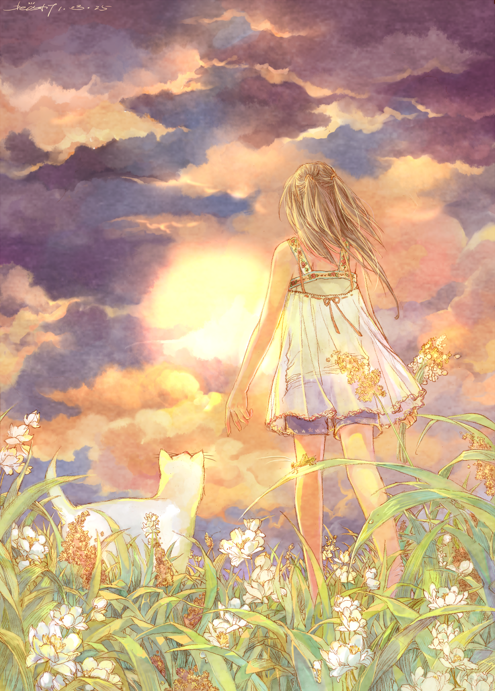 beast7, blonde_hair, cat, cloud, clouds, copyright_request, field, flower, from_behind, grass, highres, long_hair, nature, sky, solo, sun, sunset, twintails