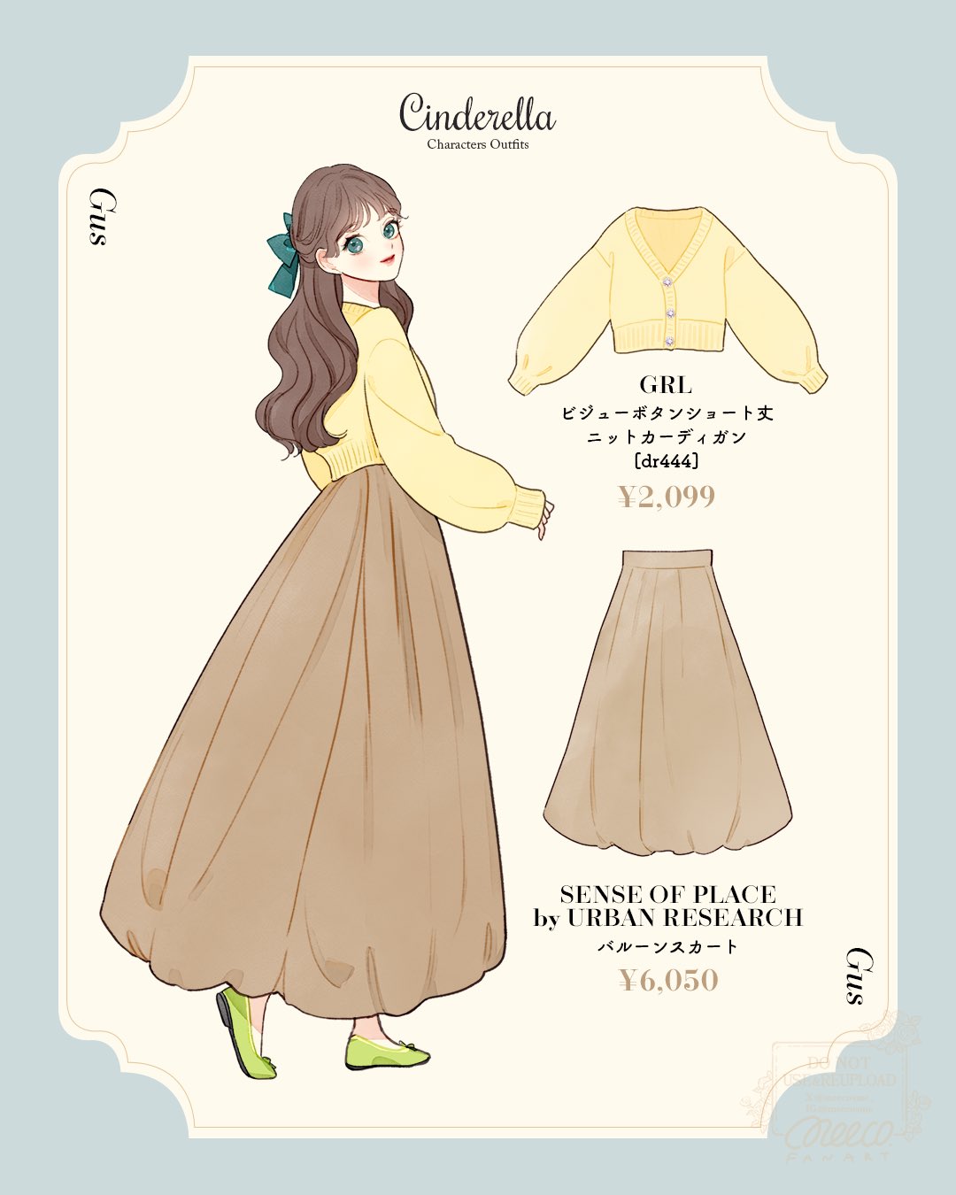 1girl, animification, bow, brown_hair, cinderella_(disney_movie), genderswap, gus_(cinderella), hair_ornament, highres, humanization, lips, long_hair, long_sleeves, looking_at_viewer, meecosme, ribbon, shirt, shoes, simple_background, smile, solo, solo_focus, white_background