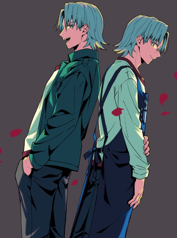 2boys, andou_loid, apron, back-to-back, black_pants, blue_apron, closed_mouth, commentary_request