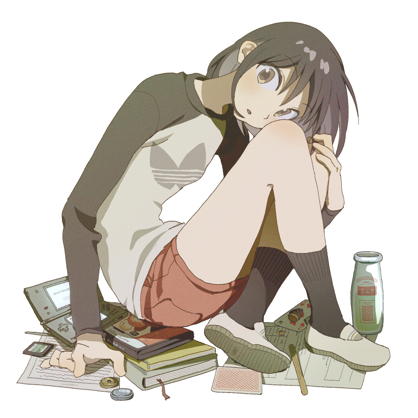 1girl, :o, adidas, anime_coloring, black_hair, black_shirt, black_socks, blush