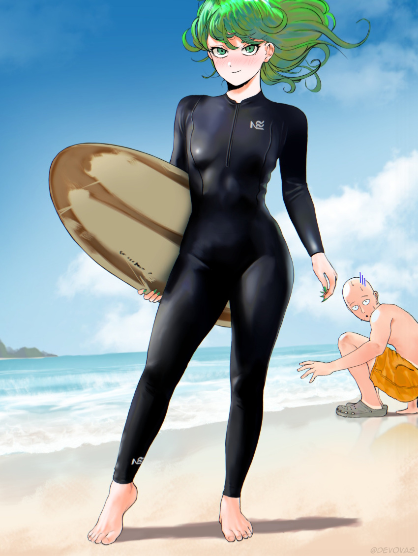 1boy, 1girl, absurdres, bald, barefoot, beach, bodysuit, breasts