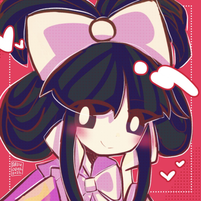 alternate_hairstyle, black_eyes, black_hair, bow, bowtie, bright_pupils, cinnamiku_hairstyle, cinnamoroll