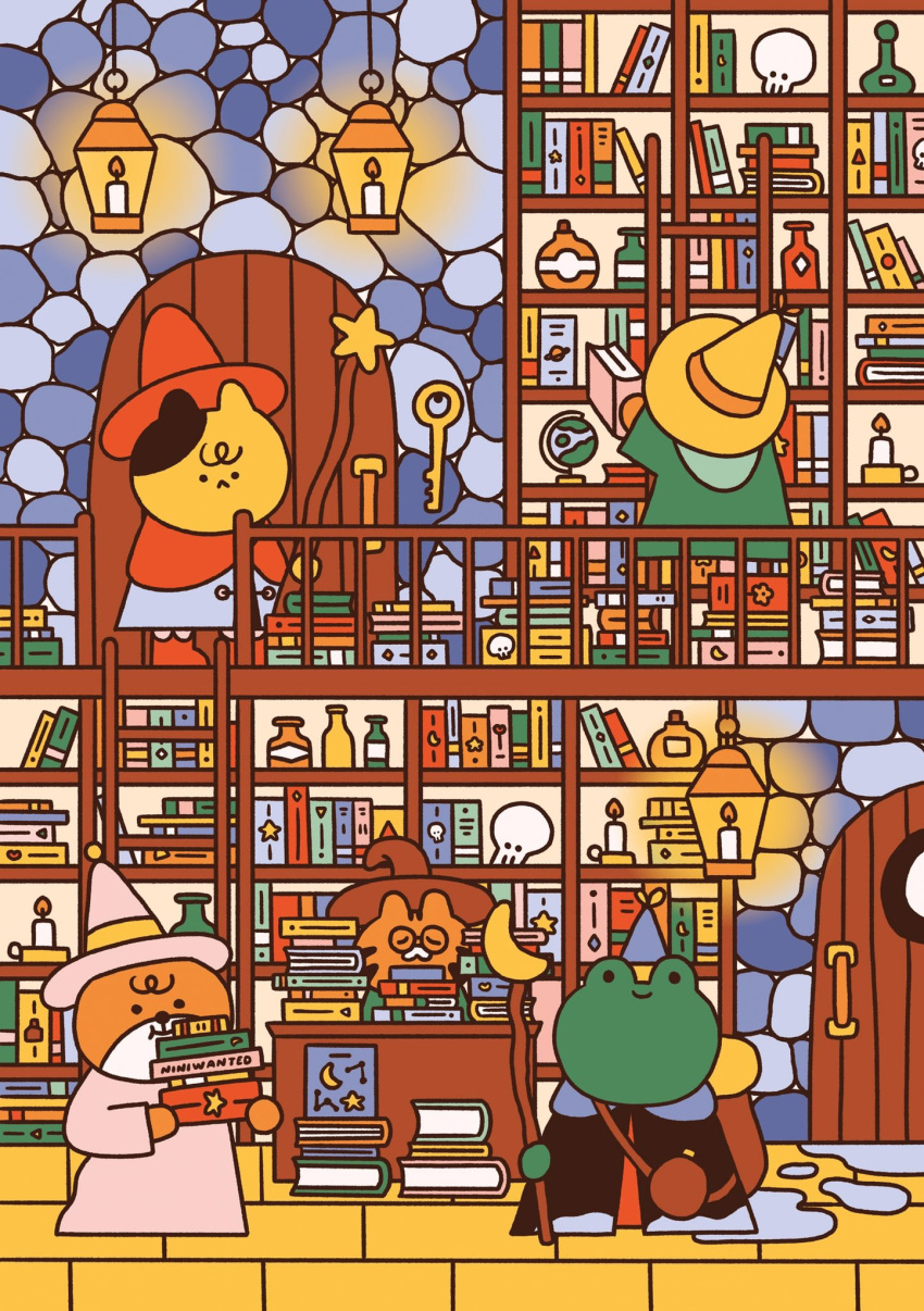 2boys, 2girls, artist_name, bag, book, book_stack, bookshelf, bottle, candle, candlestand, cat_girl, cobblestone, commentary, crescent, door, english_commentary, fox_girl, frog_boy, furry, glass_bottle, globe, hanging_lantern, hat, highres, holding, holding_book, holding_staff, indoors, key, ladder, library, multiple_boys, multiple_girls, niniwanted, original, puddle, railing, robe, shelf, skull, staff, star_(symbol), stone_wall, tiger_boy, toon_(style), wand, water, witch, witch_hat, wizard, wizard_hat